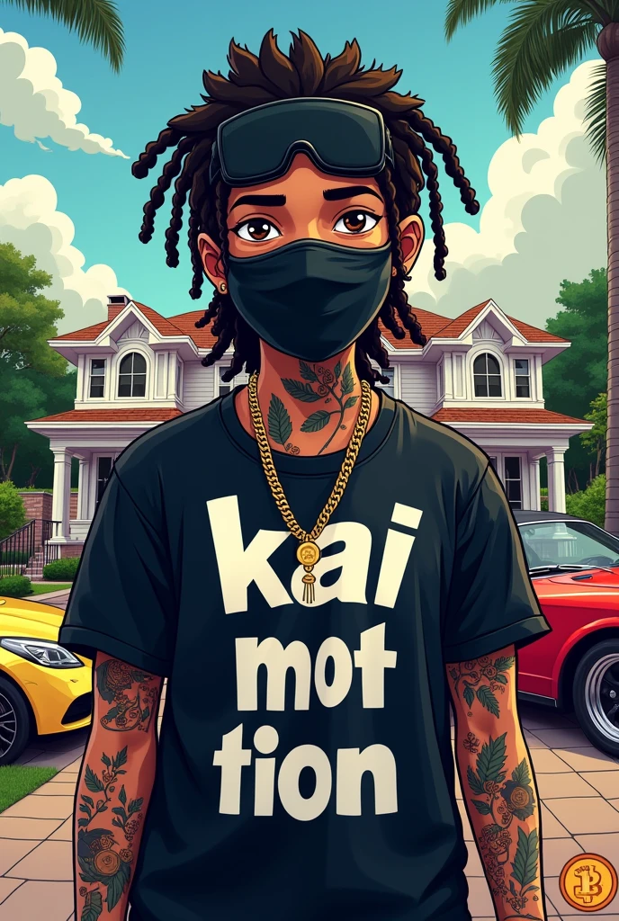 teen cartoon character with a black ski mask with dreads and a shirt that’s says KaiMotion on it with tattoos money and bitcoin around him with a big house and and luxury cars in the back back