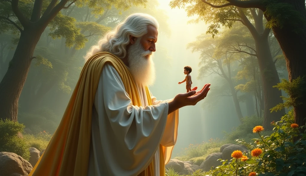 16k, 32k, UHD, masterpiece, best quality, upper body, God, who is super vast and gigantic, wearing white and shimmery gold robe, long white hair, white beard, holding Adam in his hand. God is super Gigantic and Adam is as small as God's little finger. God puts Adam into the beautiful enchanting garden of Eden. Adam is 20 years old and human, but he is tiny as God's little finger while in God's hand.