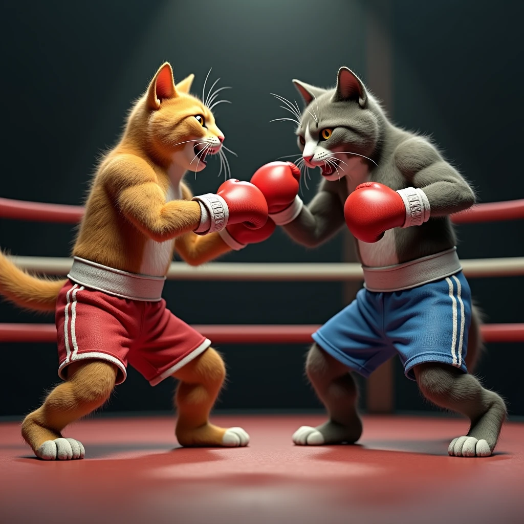 Wearing boxer shorts with the ring in the background、Realistic image of two 3D cats fighting in a boxing match