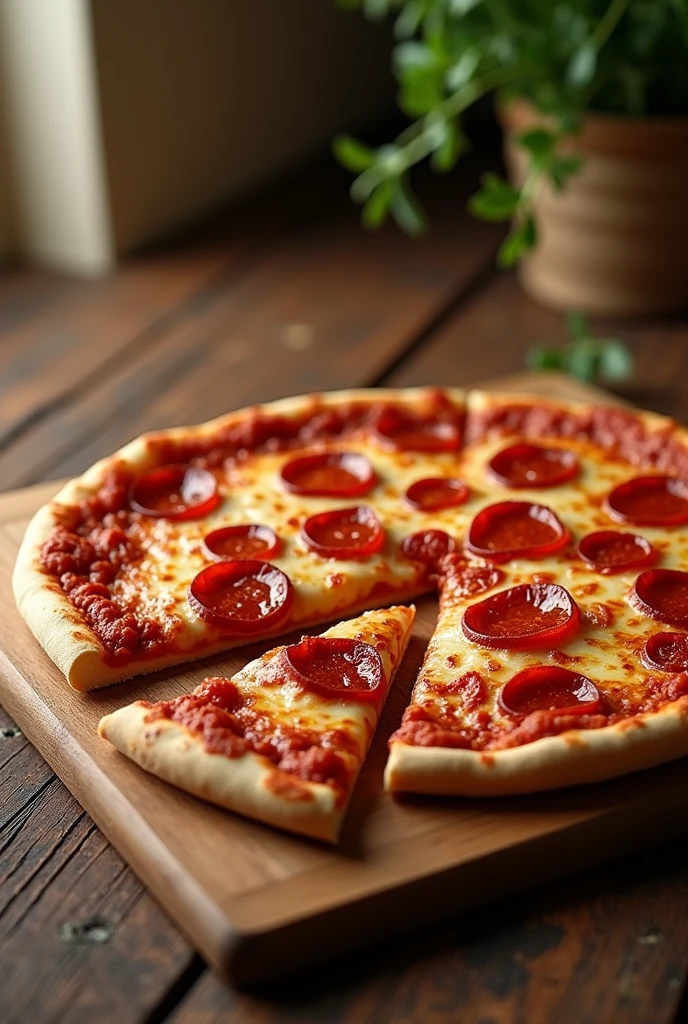 
Aquí tienes el prompt ajustado:

"Create an image of a square cutting board with a natural wooden texture. On top of the board, place a realistic Italian-style pizza, approximately 35 cm in diameter, thin like a Neapolitan pizza, with pepperoni as the topping. The pizza should be cut into slices, with melted cheese and a slightly raised slice, emphasizing the realism. Include the 'Brisas do Norte' logo and name somewhere on the cutting board, subtly integrated into the design to complement the overall presentation with a premium touch."