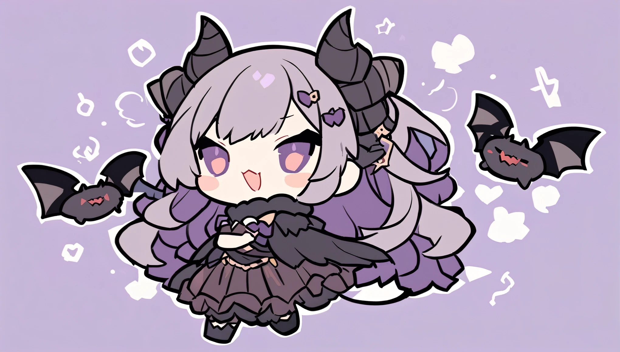 Chibi Doll（Black sheep horns、There is a hair ornament on the corner、Bat Wings、Devil&#39;s Tail、Embarrassed blushing smile、Double teeth、Himesode、Red, white, and black clothing、Shorts、Legs style、Chain Choker、Cute Shoes、Turn around、wave hands）