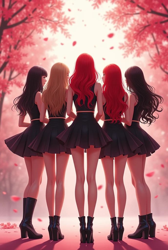 Create an image of a kpop group with five members from the back, one with dark brown hair, another with light brown hair,another redhead,another one with black hair, and another with black hair tied back. The group is called blackcherry, Its concept is black and red cherries and its representative colors are black and red., The group has a retro concept, soft y girl crush ( The image must be animated and poster style.)