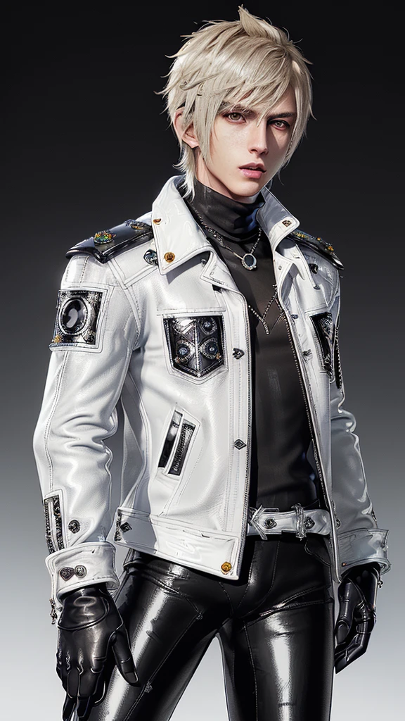 ((Final fantasy taste and reality graphics)), ((Japanese young cute and cool ikemen  boy)), his age is early 20s, thin eyebrows and beady eyes,  ((((he wearing white color and  shining brightly enamel leather thick single-brest  jacket)))), ((with epaulet)), ((enamel leather jacket close all zippers)),, ,(( jacket collar is high length stand-up collar with belts)), jacket is a little black line pattern,close the front of the jacket, (((also wearing black color turtleneck shining brightly enamel leather shirts))),  (((tight black and shining brightly enamel leather pants))), ((((shining brightly black enamel leather tight and thin glove)))), ((black color and shining brightly leather knee-high raceup boots)),head-to-toe, whole body, boy looks like fashion model,Do not show skin from the neck down,(((all his clothes are smooth design and very shining)))