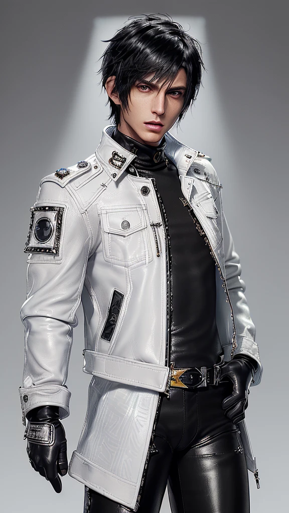 ((Final fantasy taste and reality graphics)), ((Japanese young cute and cool ikemen boy)), his age is early 20s, thin eyebrows and beady eyes, ((((he wearing white color and shining brightly enamel leather thick single-brest jacket)))), ((with epaulet)), ((enamel leather jacket close all zippers)),, ,(( jacket collar is high length stand-up collar with belts)), jacket is a little black line pattern,close the front of the jacket, (((also wearing black color turtleneck shining brightly enamel leather shirts))), (((tight black and shining brightly enamel leather pants))), ((((shining brightly black enamel leather tight and thin glove)))), ((black color and shining brightly leather knee-high raceup boots)),head-to-toe, whole body, boy looks like fashion model,Do not show skin from the neck down,(((all his clothes are smooth design and very shining)))