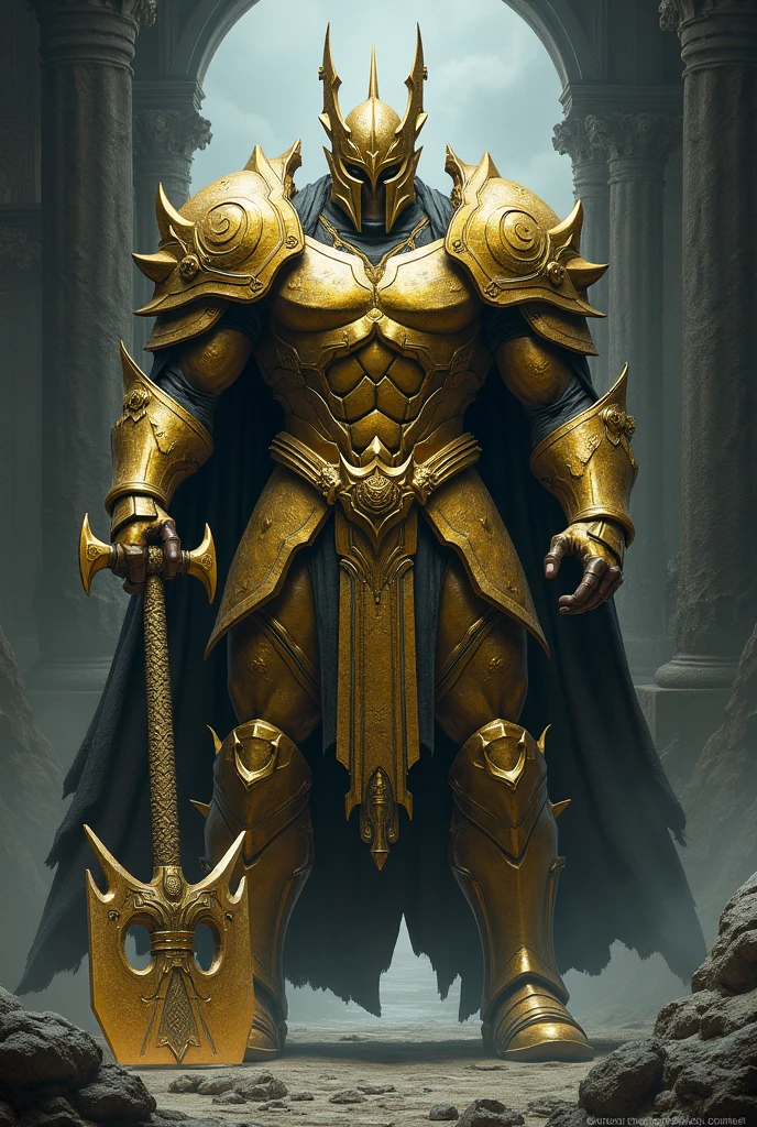 A tall, strong, and large man with a golden dark souls type armor and a colossal axe of another kind