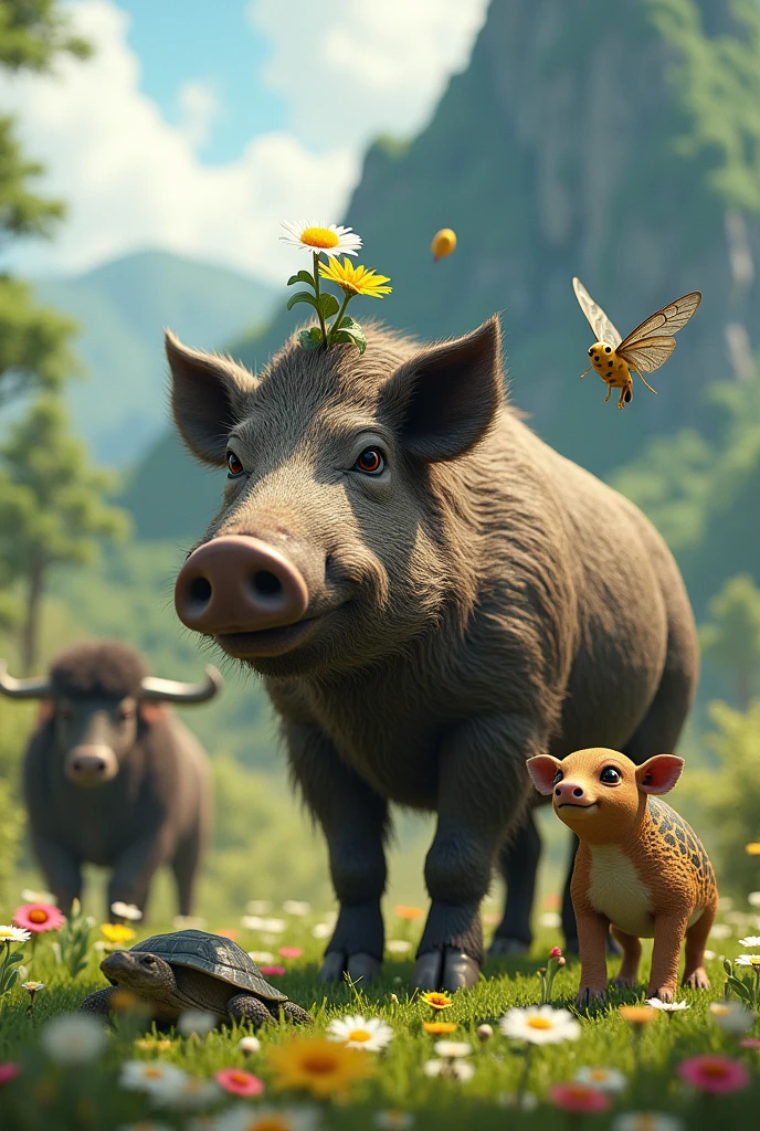 A wild boar with a daisy flower, with a cicada, next to a turtle, a buffalo. In the background a green mountain with small flowers and lots of grass