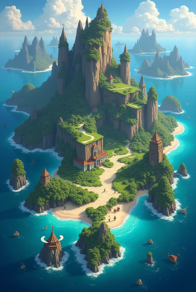 generate a 2D fictional country with 7 islands
