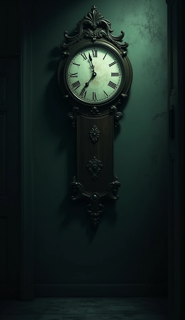 on the wall a clock that shows the time: 23:59. The atmosphere is dark and gloomy.