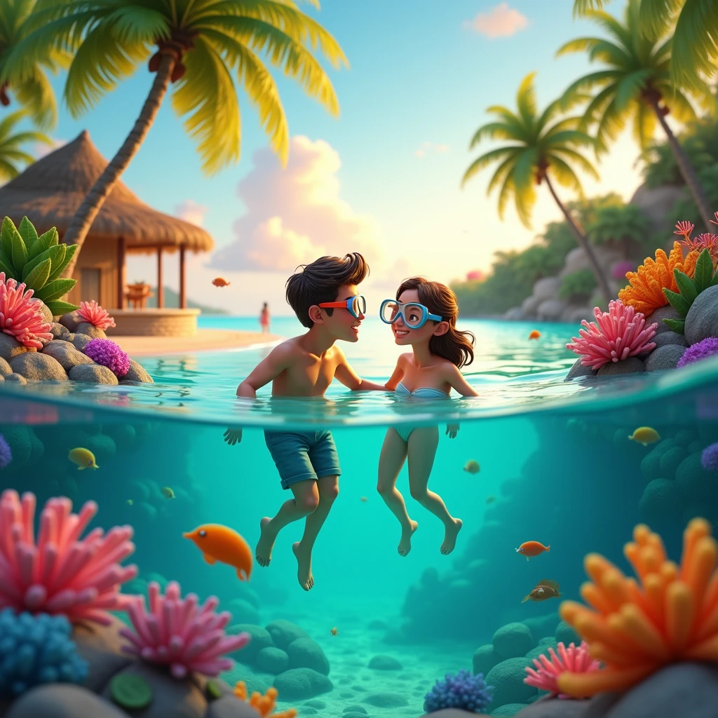 Create a Pixar-style 3D scene of a couple exploring a lush tropical island. The couple, dressed in casual summer attire, is snorkeling in crystal-clear waters with colorful fish and coral reefs around them. In the background, show a pristine beach with palm trees, a thatched-roof hut, and a gentle sunset sky. The scene should radiate excitement and the beauty of tropical adventure.