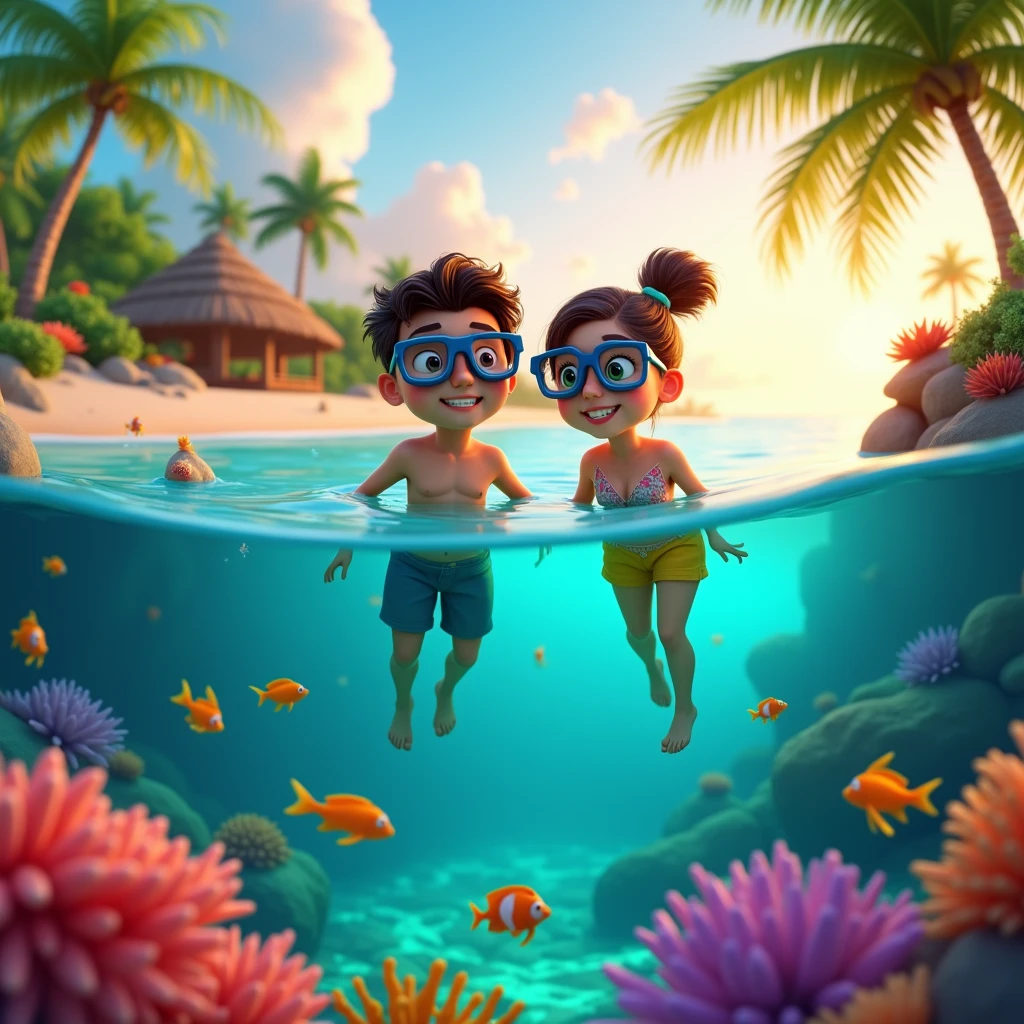 Create a Pixar-style 3D scene of a couple exploring a lush tropical island. The couple, dressed in casual summer attire, is snorkeling in crystal-clear waters with colorful fish and coral reefs around them. In the background, show a pristine beach with palm trees, a thatched-roof hut, and a gentle sunset sky. The scene should radiate excitement and the beauty of tropical adventure.