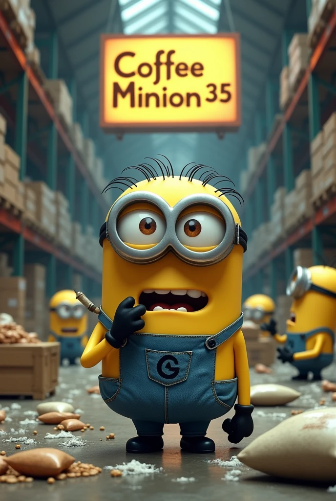 un minion complètement défoncé avec un joint dans un grand entrepot ou il y'a ecrit en gros sur un grand panneau lumineux Coffee Minion35 avec une feuille de weed et dans l'entrepot plein de minion qui transporte des caisses et des sac remplis de canabis avec des petits sachets de poudre blanche et des petits rectangle marron plastifié au sol en cartoon