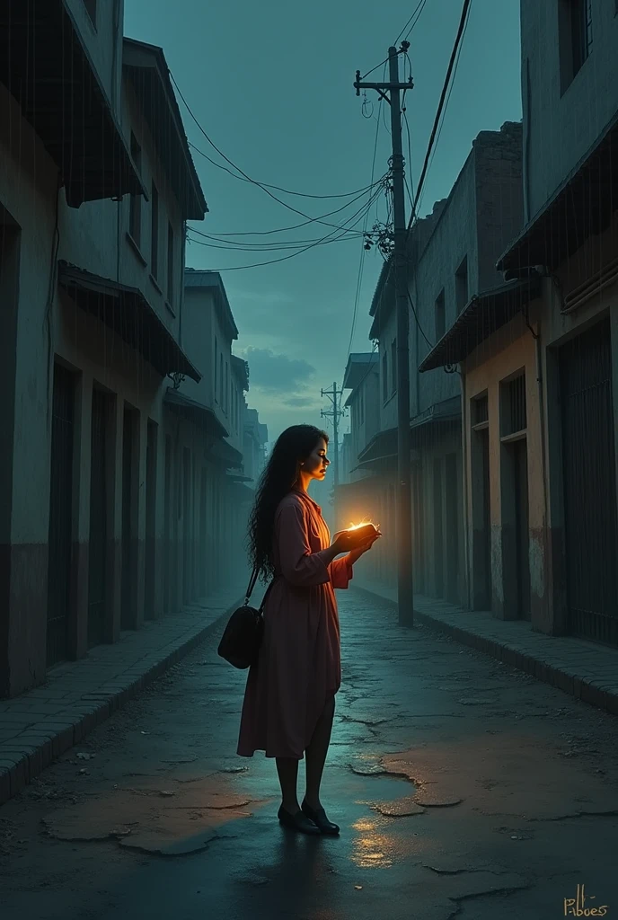 Realistic color drawing of that woman walking alone with a bible (What is your light?) on a dark and deserted street in the city of La Paz... (Bolivia),