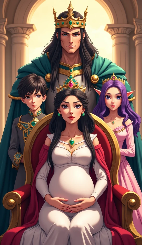 Royal portrait, Male character with long straight black hair, with RAF blue eyes, wearing armor and crown with inlaid emeralds, with a serious look, firm pose, while putting a hand on the shoulder of his son the human prince, purple hair, RAF blue eyes, next to the prince is his younger sister, an elf dressed as a princess with a pink and white dress, straight black hair and fuchsia pink eyes, next to them is their mother sitting on a chair elegant, pregnant woman with pointed ears, purple hair, black horns, fuchsia pink eyes, elegant pose, dressed elegantly as a queen, wearing her crown, looking at the camera, detailed, daytime, sun rays, ultra photography detailed, 4k quality lighting, high resolution, masterpiece, anime style