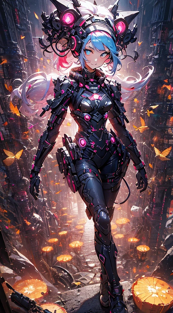 ((cyberpunked)),Optical camouflage、headset on head、Neon light、City of the Future、Glowing jumpsuit、(1girl in, Solo:1.6),(Cute smile),(Clothes are simple), (Best Impact:1.5), (maximalism:1.7), Vivid contrast, (Realistic), hyperrealistic illustrations, hight resolution, ultra-detailliert, absurderes,(Fractal Art:1.3)、Random hairstyle、Random hair color colorful、FULL BODYSHOT、Retro、Precise focus、randome pose、cinema4d、Drama