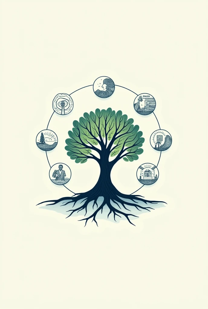 a circular logo that has a tree and a brain inside with 6 drawings that are perception, attention , learning memory, Language , reason that represents Cognitive Psychology