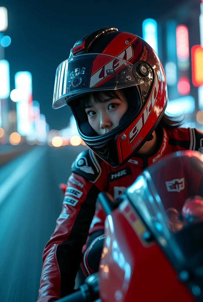 ultra-realistic, photorealistic, dramatic scene, shadow, global-illumination, beautiful Japanese idol small girl, Riding on a super cool sport motorcycle, at highway in metropolitan at night, high speed, dramatic scene, masterpiece, face focus, clear helmet visor, beautiful eyes, Honda bike, Shoei helmet, professional racer's outfits, shoot from side, (face focus, close up to her beautiful face:1.6)