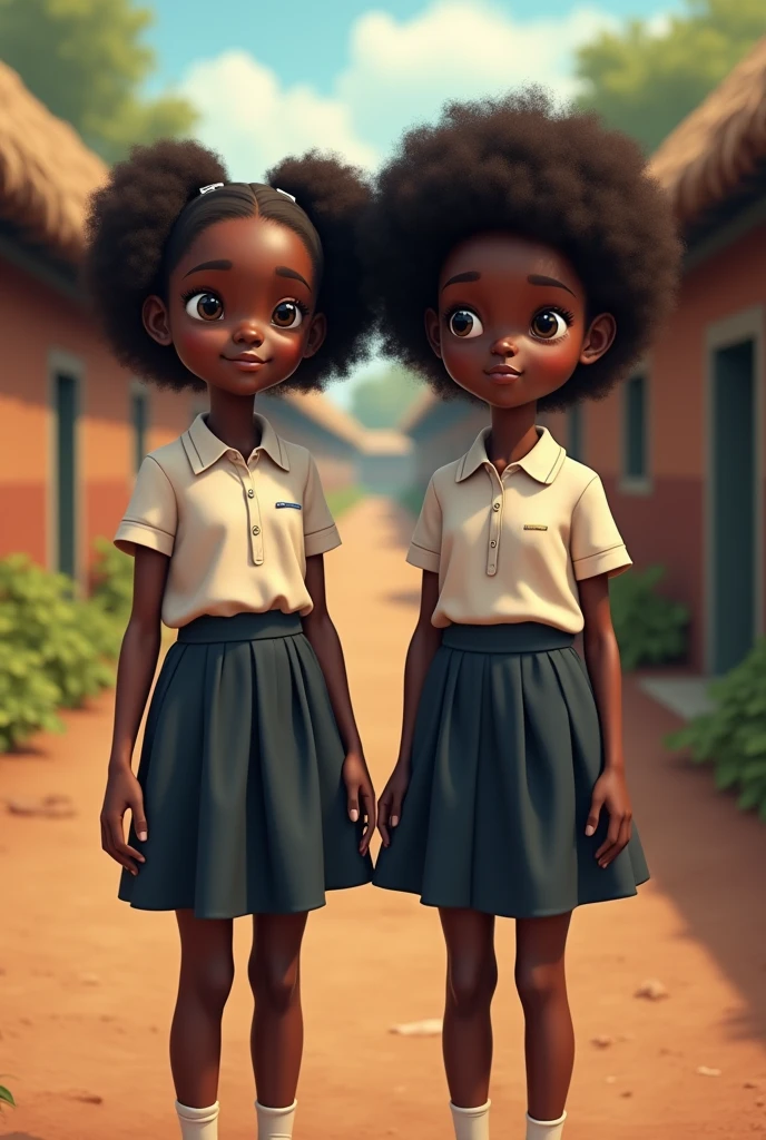 Generate an image of two dark black girls with Afro hair in their school uniform in an African school setting. One looking taller than the other