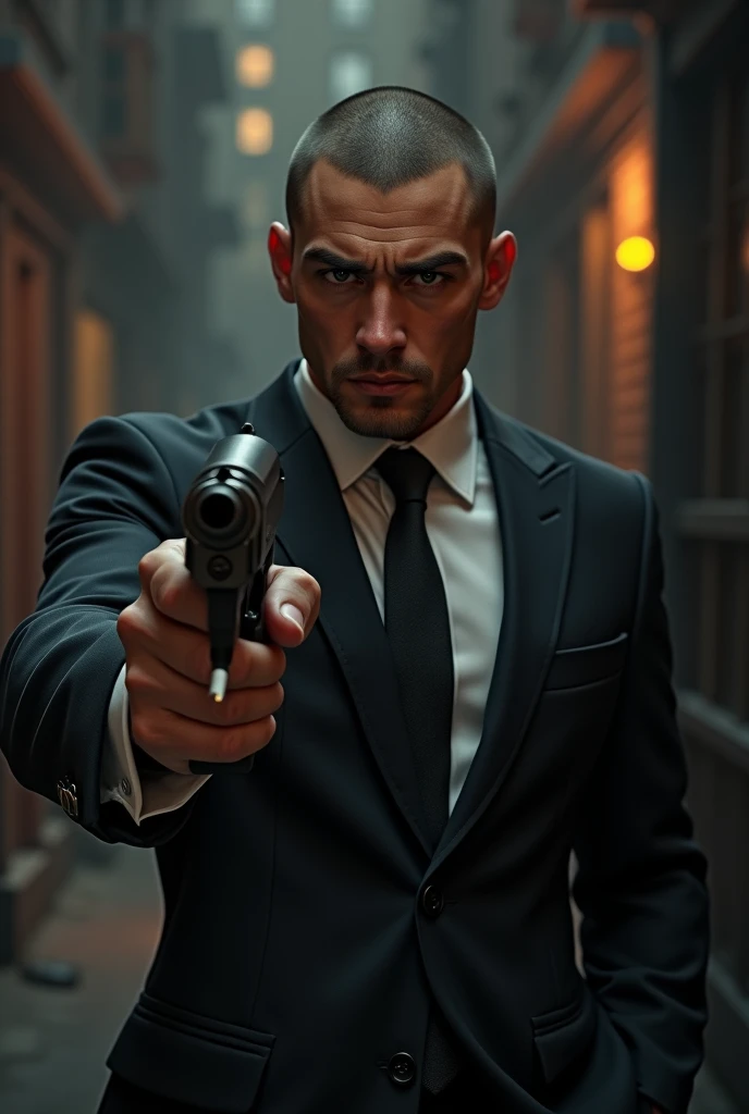 Gun in hand. Brunette man with short shaved hair. Wearing a suit. A mafia man smokes a cigarette like a realistic person in New York.