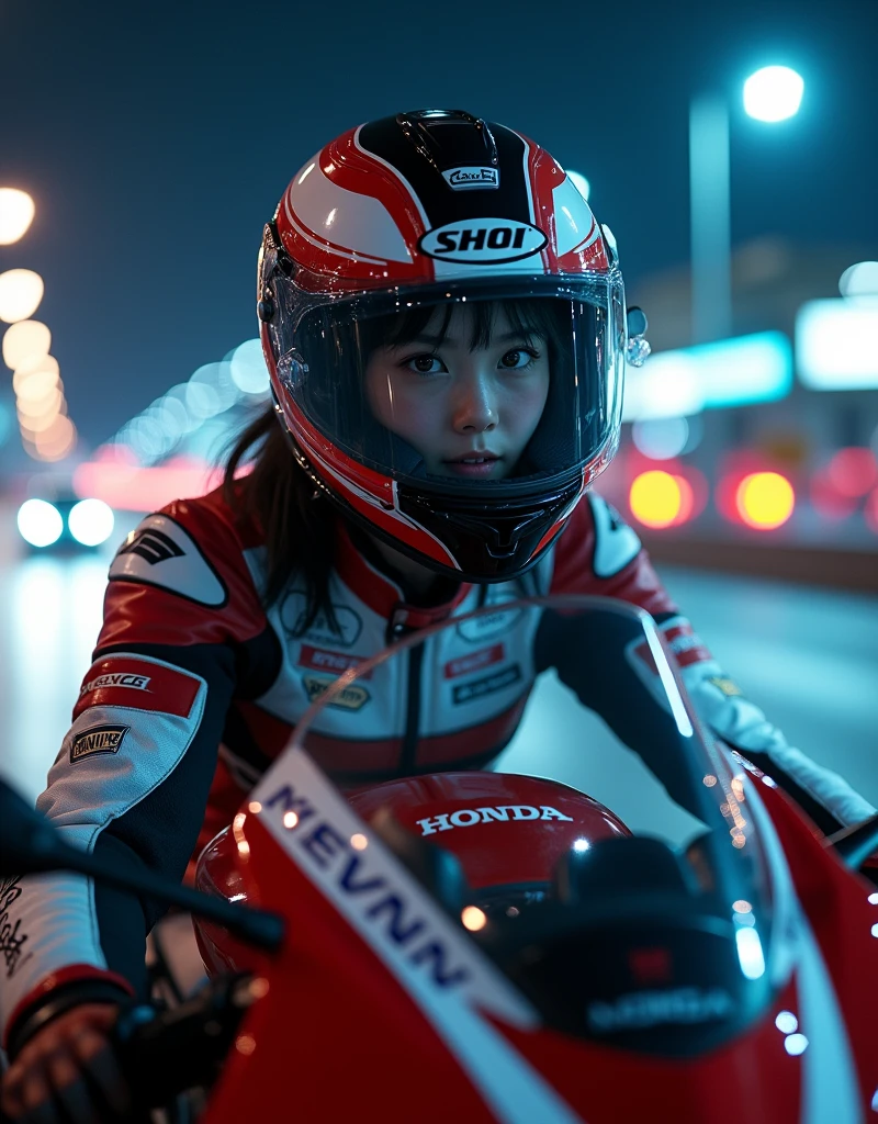 ultra-realistic, photorealistic, dramatic scene, shadow, global-illumination, beautiful Japanese idol small girl, Riding on a super cool sport motorcycle, at highway in metropolitan at night, high speed, dramatic scene, masterpiece, face focus, clear helmet visor, beautiful eyes, Honda bike, Shoei helmet, professional racer's outfits, shoot from side, (face focus, close up to her beautiful face:1.6)