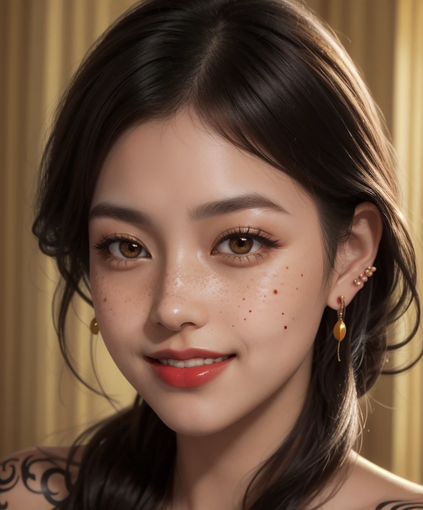 1 girl, Japanese, 4k, realistic, soft skin, texturized skin, long whavy black hair with bangs, shining brown eyes, red eyeliners, shining red lips, freckles, round gold earings, naked, tattoos, smile, closed mouth, soft lighting, portrait, face focus, close up, bright colors, looking directly to the viewer.