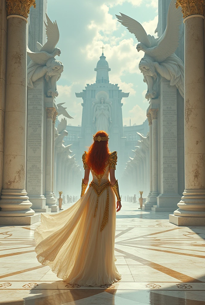 A dazzling princess with orichalcum armor and reddish hair walks in a vast dreamscape with endless religious inscriptions in Latin, in the temple there are giant angels pointing to immense mansions and temples of divine white marble. Boris Vallejo style high fantasy artwork shot with an ARRIFLEX 35 BL camera, Canon K35 Prime lenses, 70mm and imax style film.