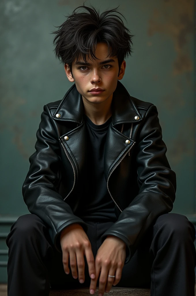 Create a Gangster boy who wears black leather Jacket and black sit on That and 
