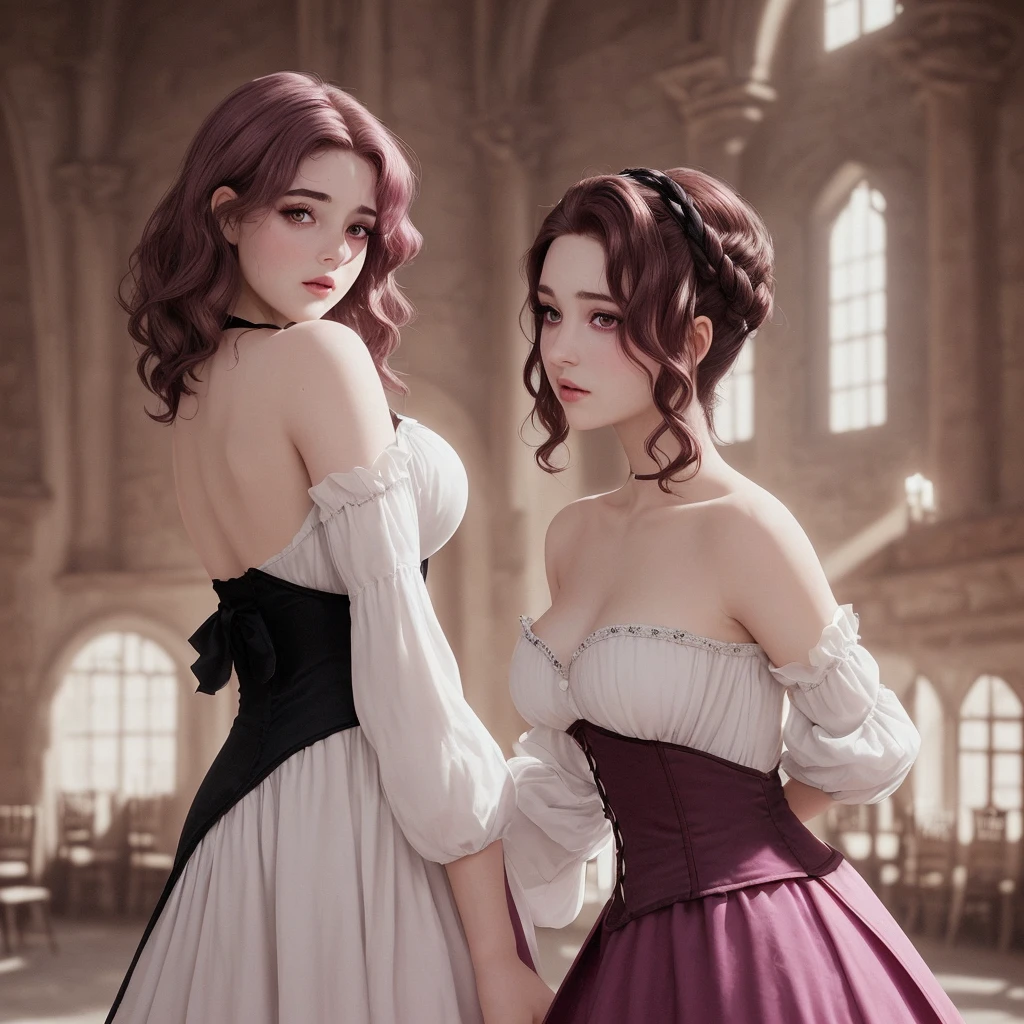 Girl, short, voluptuous, clear skin, magenta eyes that are almond-shaped, short, wavy light brown hair, black and white medieval dress, in the ballroom of a castle