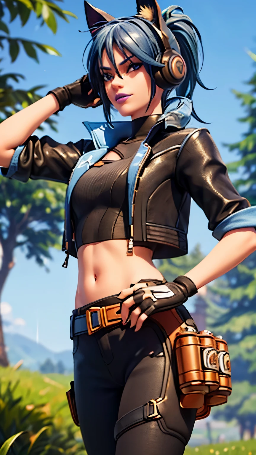 Forest background, 1girl, solo, HeroicHopeFN, Heroic Hope from fortnite, (crop top, black top, open clothes), (jacket crop top, black jacket, blue loose, jacket loose), fingerless gloves, black pants, blue belt, blue hair, ponytail, blue eyes, headphones, cat ears headphones, holster, holster spray cans, purple lips, lipsticks, smirk