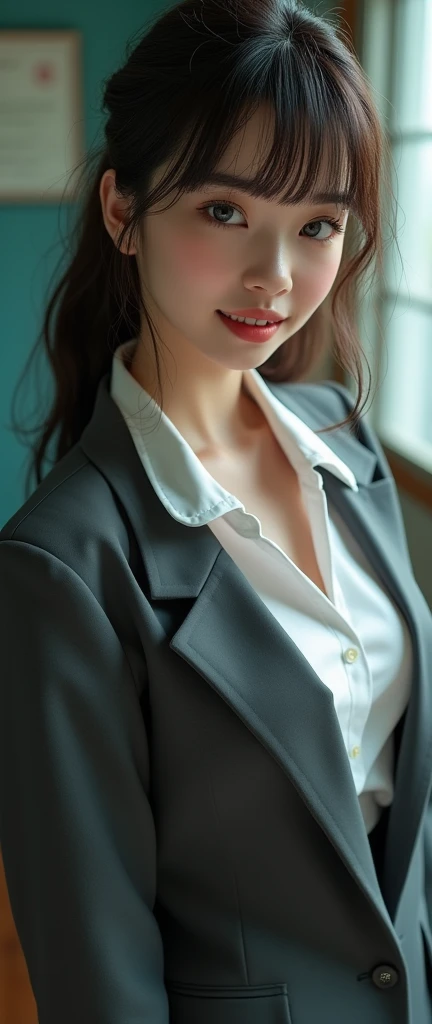 (32K:1.9, Highest quality, masterpiece, Ultra-high resolution), Perfect dynamic composition, Highly detailed skin and facial textures:1.3, Detailed eyes, Detailed limbs, 1 Japan Girl, Cute sexy slim Japanese woman, Fair skin, ((Clarity:1.1)), ((Huge breasts about to burst:1.0, Don't show areola)), (Cunning Smile:0.9, Totally captivates you:0.9), (High school girl blazer uniform:1.3), (Beautiful Blue Eyes, Transparent and beautiful eyes:0.85), Sexy Face:0.4, blush:1.1, (A taste that exudes beautiful eroticism:0.85), Professional random camera work, Cinematic Light Effects, ((View from the knees up)), ((Too erotic:0.9))