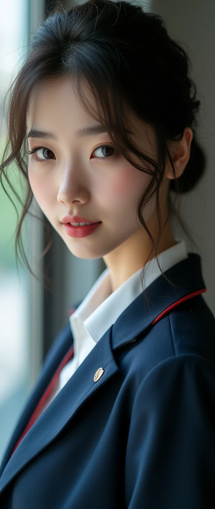 (32K:1.9, Highest quality, masterpiece, Ultra-high resolution), Perfect dynamic composition, Highly detailed skin and facial textures:1.3, Detailed eyes, Detailed limbs, 1 Japan Girl, Cute sexy slim Japanese woman, Fair skin, ((Clarity:1.1)), ((Huge breasts about to burst:1.0, Don't show areola)), (Cunning Smile:0.9, Totally captivates you:0.9), (High school girl blazer uniform:1.3), (Beautiful Blue Eyes, Transparent and beautiful eyes:0.85), Sexy Face:0.4, blush:1.1, (A taste that exudes beautiful eroticism:0.85), Professional random camera work, Cinematic Light Effects, ((View from the knees up)), ((Too erotic:0.9))