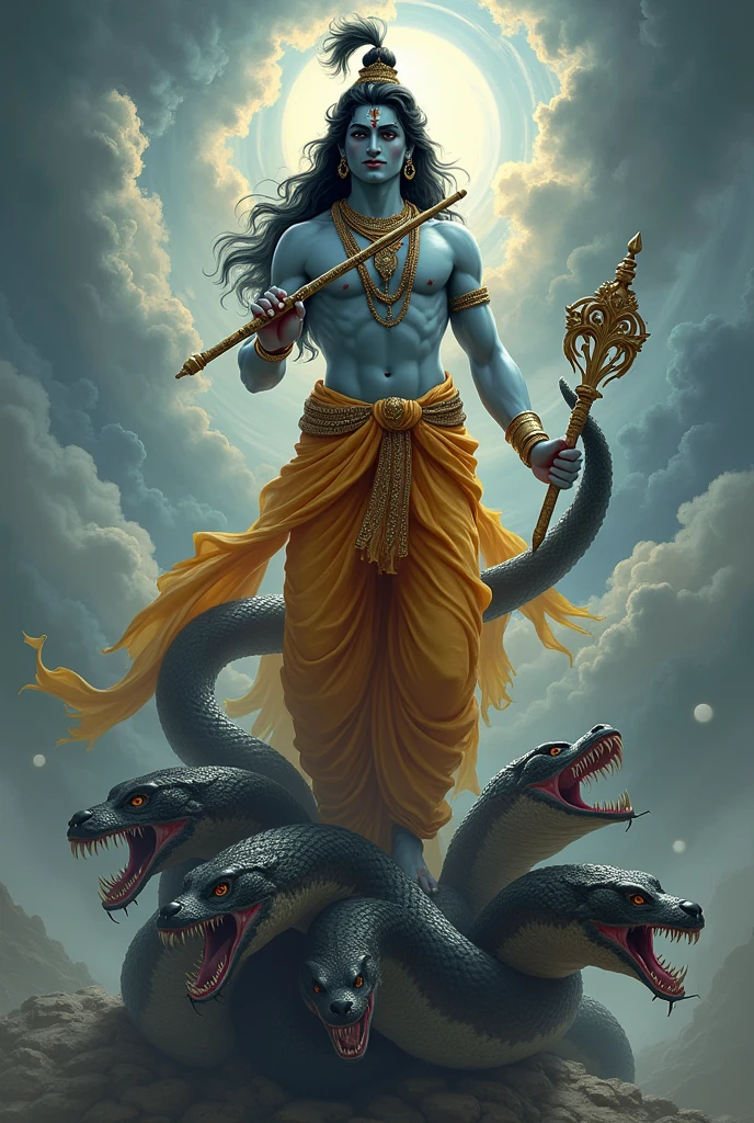 Lord Krishna standing on the top of 5 headed snake holding a flute with dangerous expressions