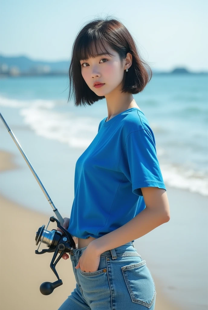 Highly realistic 8k photos, beach background, standing, Holding a fishing reel with one hand, Korean woman, Wearing a blue t-shirt and jeans, standing face to face, Looking at the camera, A photo showing the whole body, short hair