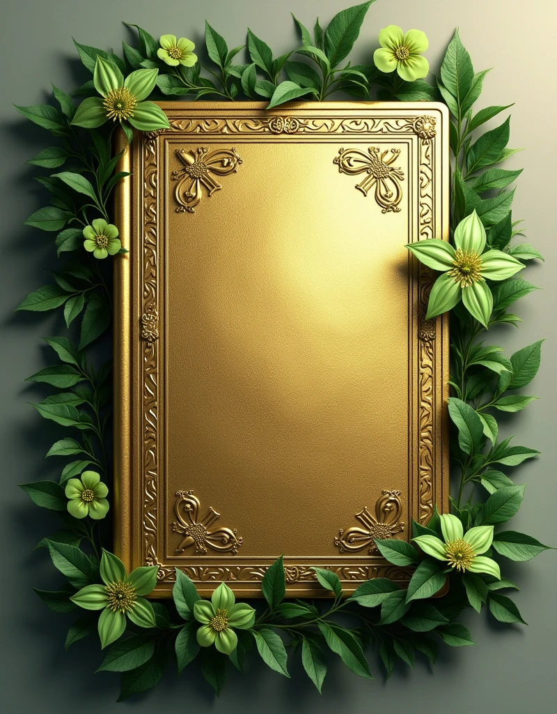 Shiny gold colored Bible with green flowers around it 