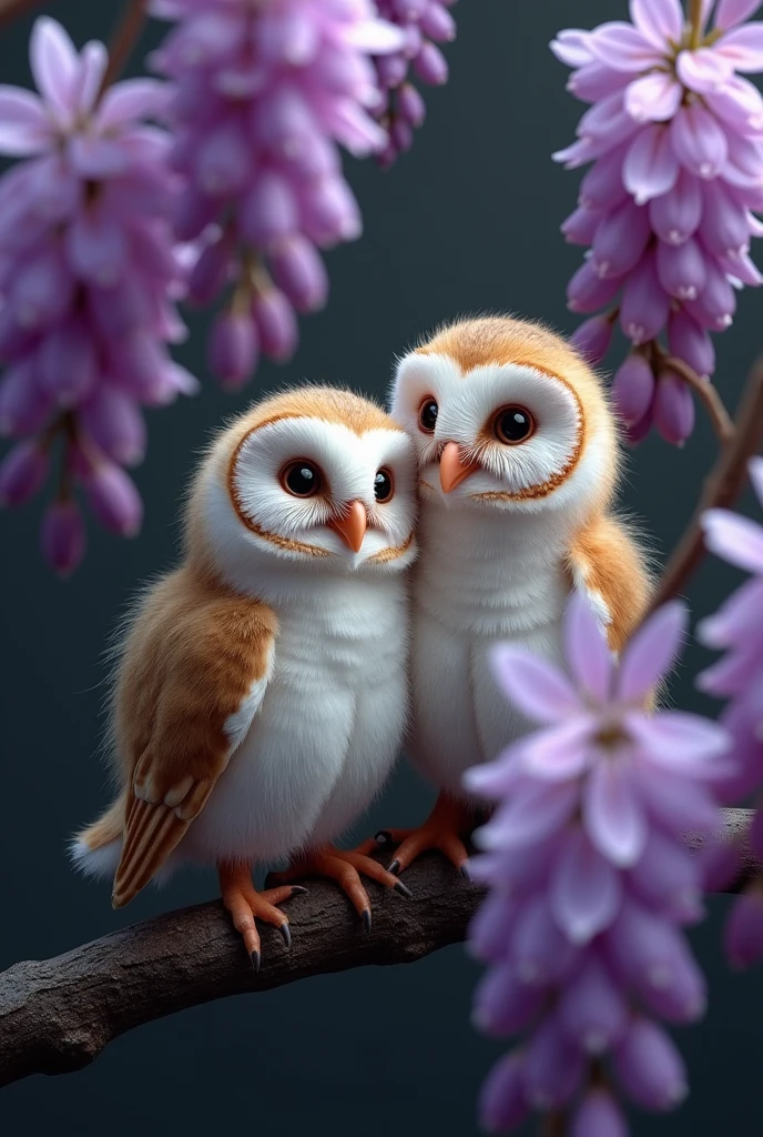 A captivating and surreal photographgraph of a cute extra fluffy two baby フクロウ rendering of 藤の花, Dark Background. feather, Bright colors, The background provides sharp contrast、Engage your audience'Note., photograph, 3D Rendering, Conceptual Art