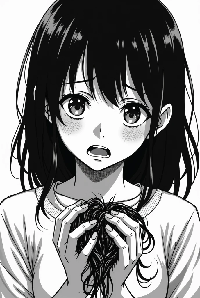 A  who discovers she has cancer with hair in her hand and crying in the form of a black and white manga