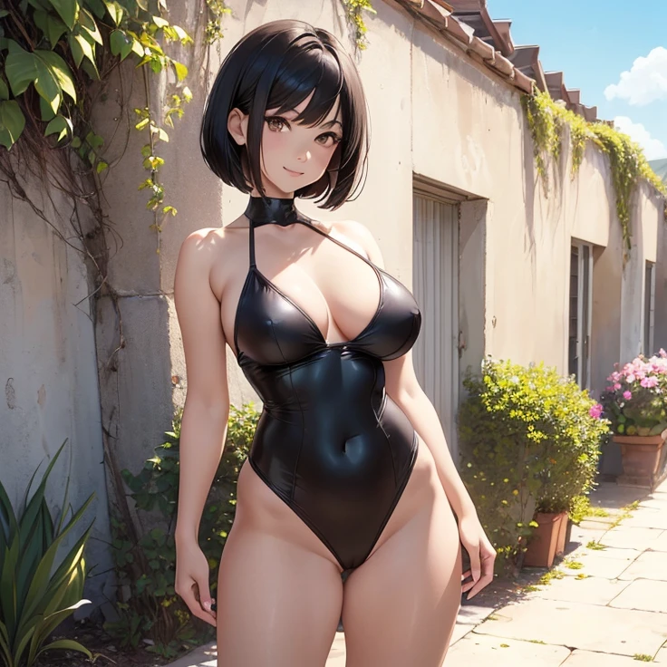 (Masterpiece), (High Resolution), (Best Quality), (Anatomically Correct), (High Details), (HD), (High Quality), (character solo, alone), (fantasy), (anime style)
{{1character:50 years old black haired milf:(medium shoulder length hair bob cut, pale skin, brown eyes, sharp nose, thick eyebrows, very thin lips, nice feminine body, beautiful body, beautiful hips, big breasts, beautiful legs, beautiful arms, delicated features, big rounded butt, beauty, feminity, sweet demeanor, motherly personality),((pink highleg swimsuit, with black heeled shoes)),((sweet expression and sweet smile),(sexy modeling pose),(standing patient and calm)),((stadium backyard), (sunny day),(light-blue sky),(simple background),(yellow backyard's walls),(spring season),(very few people there)}}