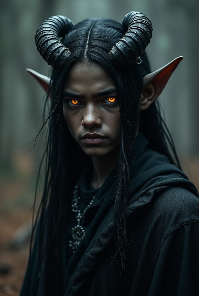Tiefling jovem, homen, with only one horn, long hair and dark skin and with a golden eye