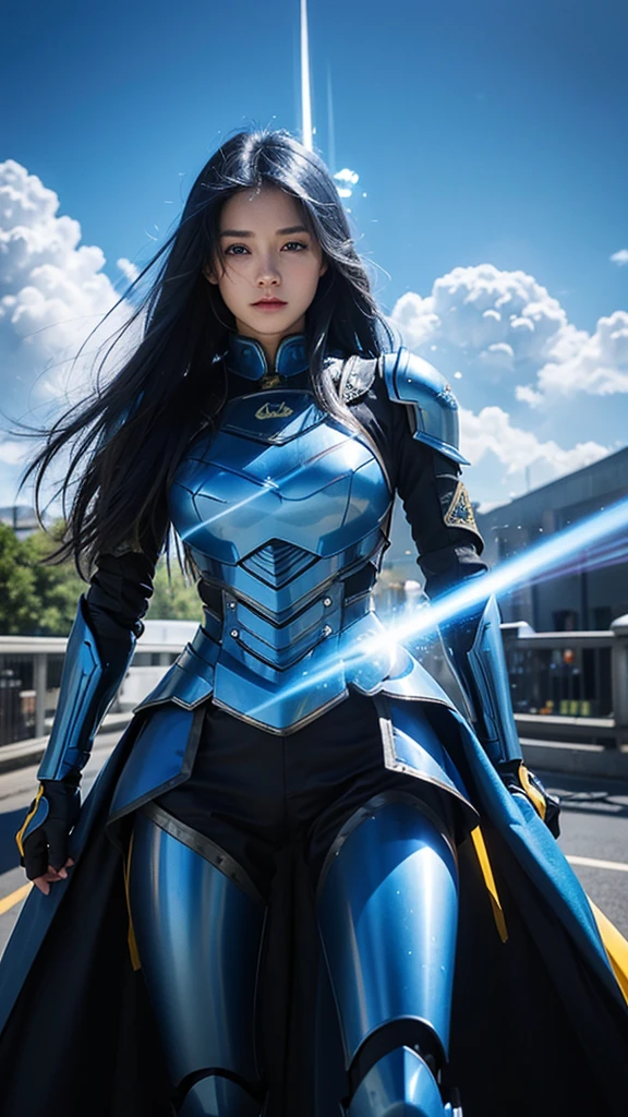 Blue long hair、Blue Eyes、Mechanical armor with white and yellow lines、cumulonimbus、On the dragon's back、Open sea、Blue Flame、High resolution, masterpiece, accurate, Anatomically correct, Winner of numerous awards, 最高quality, Damaged, detail, High-resolution model, 高いdetail, quality, Retina, Very detailed, Textured skin, Ultra high definition,