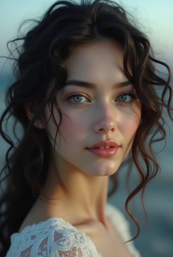 a woman, 2, white skin, brunette curly hair, gray eyes, delicate nose, soft and delicate lips, far away, cabelo black far away e ondulado na altura da cintura, sweet smile, face with delicate feminine facial features, highly processed
