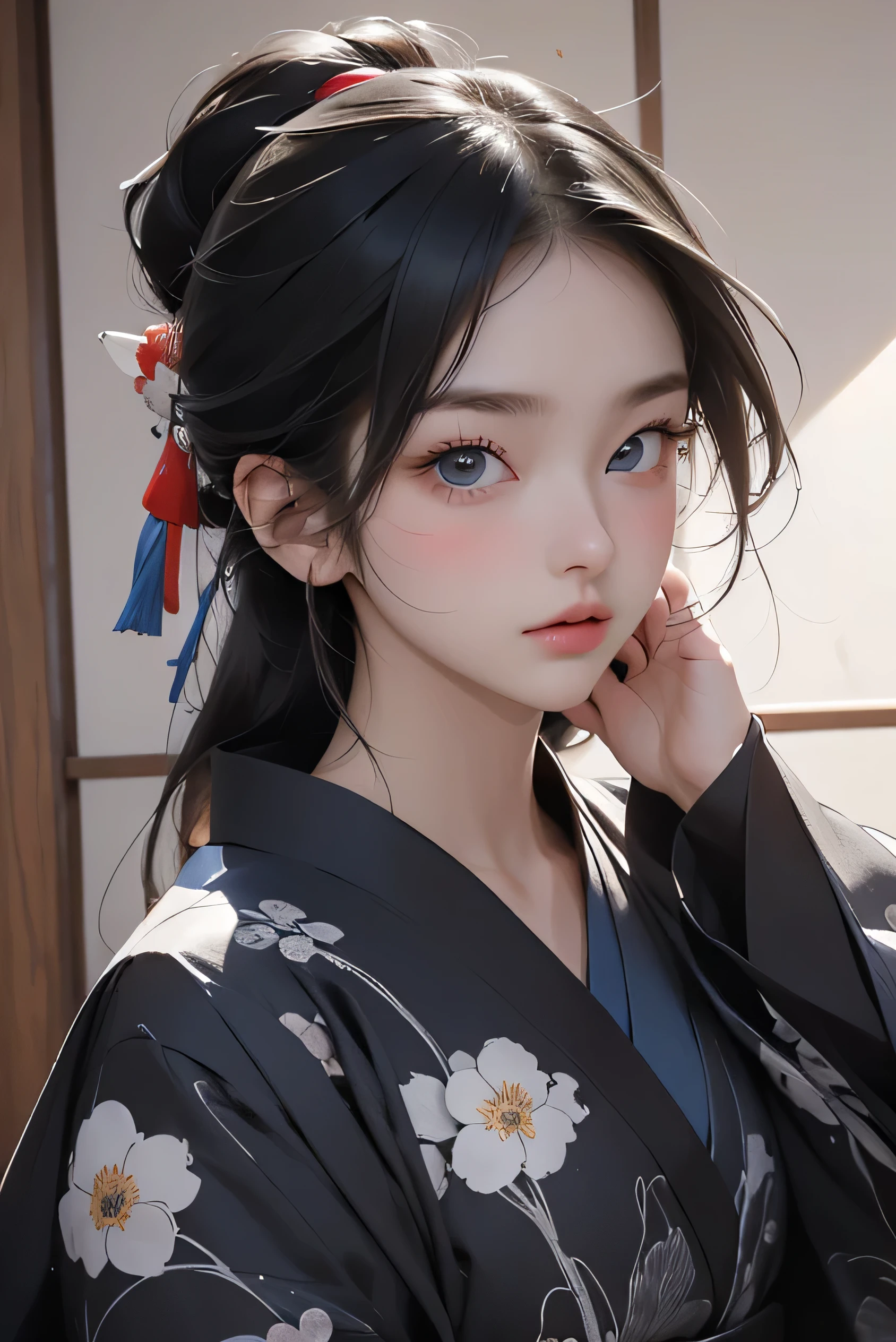 score_9、score_8_up、score_7_up、score_6_up、Easy Negative、masterpiece、Highest、Perfect Eyes、Dark blue eyes、Japanのプリンセスアップ、、kimono、Black Hair、、jewelry、Japan、