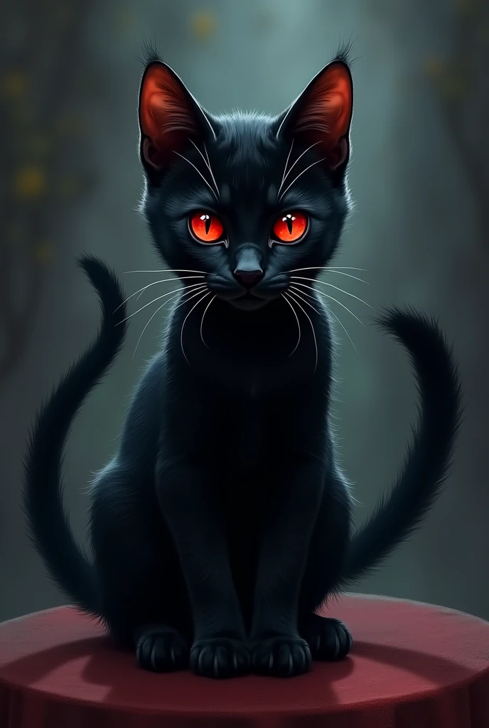 Create a cover of a black kitten with red eyes, pointy ears, with a fluffy tail, and its title is “The Black Cat”