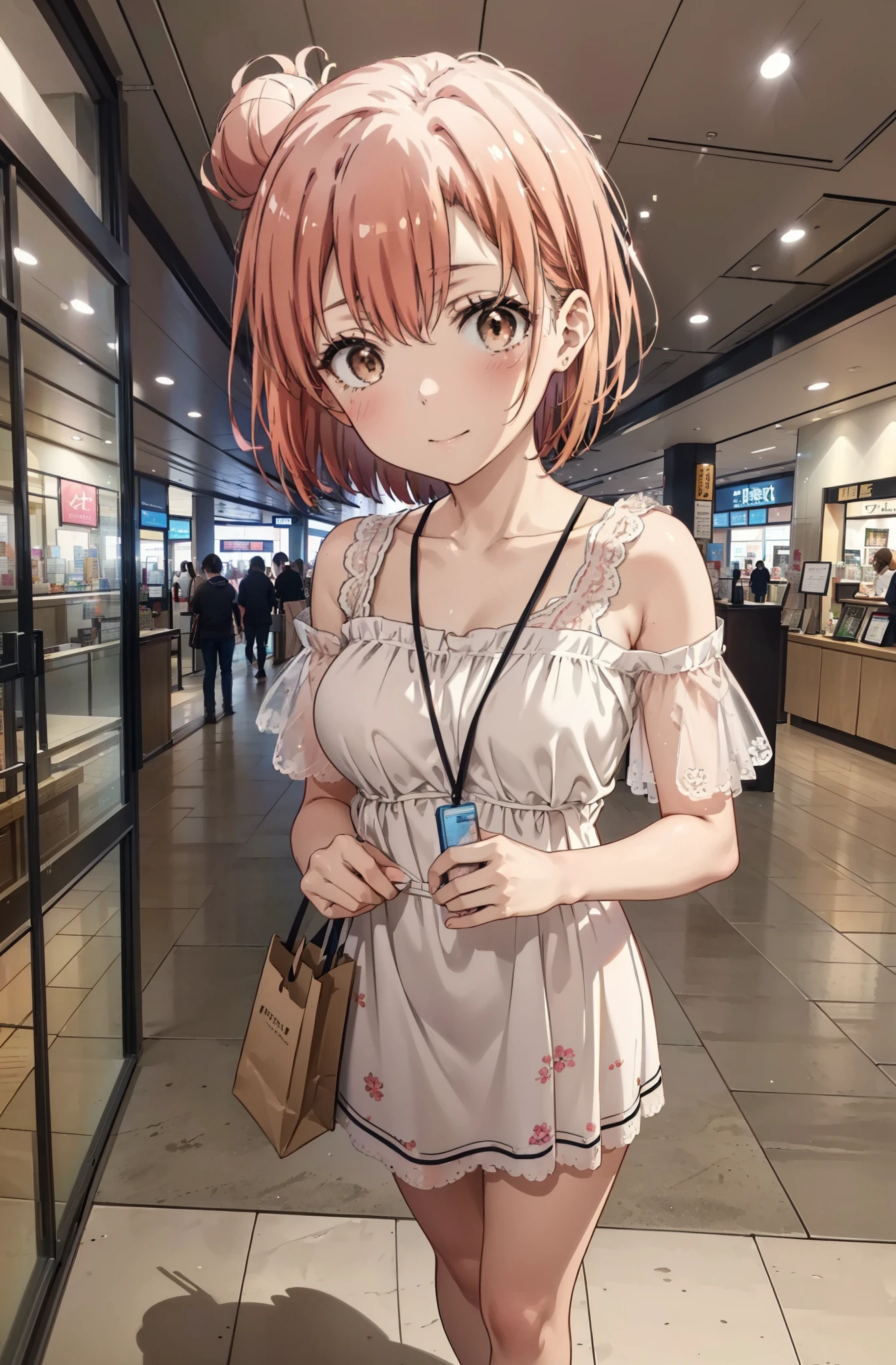 yuiyuigahama, yui yuigahama, short hair, (Brown eyes:1.5), (Pink Hair:1.2), Hair Bun, single Hair Bun,Big Breasts,smile,blush,Open your mouth,Off-the-shoulder dress,Exposing shoulders,bare clavicle,Bare neck,Rocket Pendant,mini skirt,Cute heeled sandals,Walking,whole bodyがイラストに入るように,
break indoors,Shopping mall,
break looking at viewer, whole body,
break (masterpiece:1.2), Highest quality, High resolution, unity 8k wallpaper, (shape:0.8), (Beautiful attention to detail:1.6), Highly detailed face, Perfect lighting, Extremely detailed CG, (Perfect hands, Perfect Anatomy),
