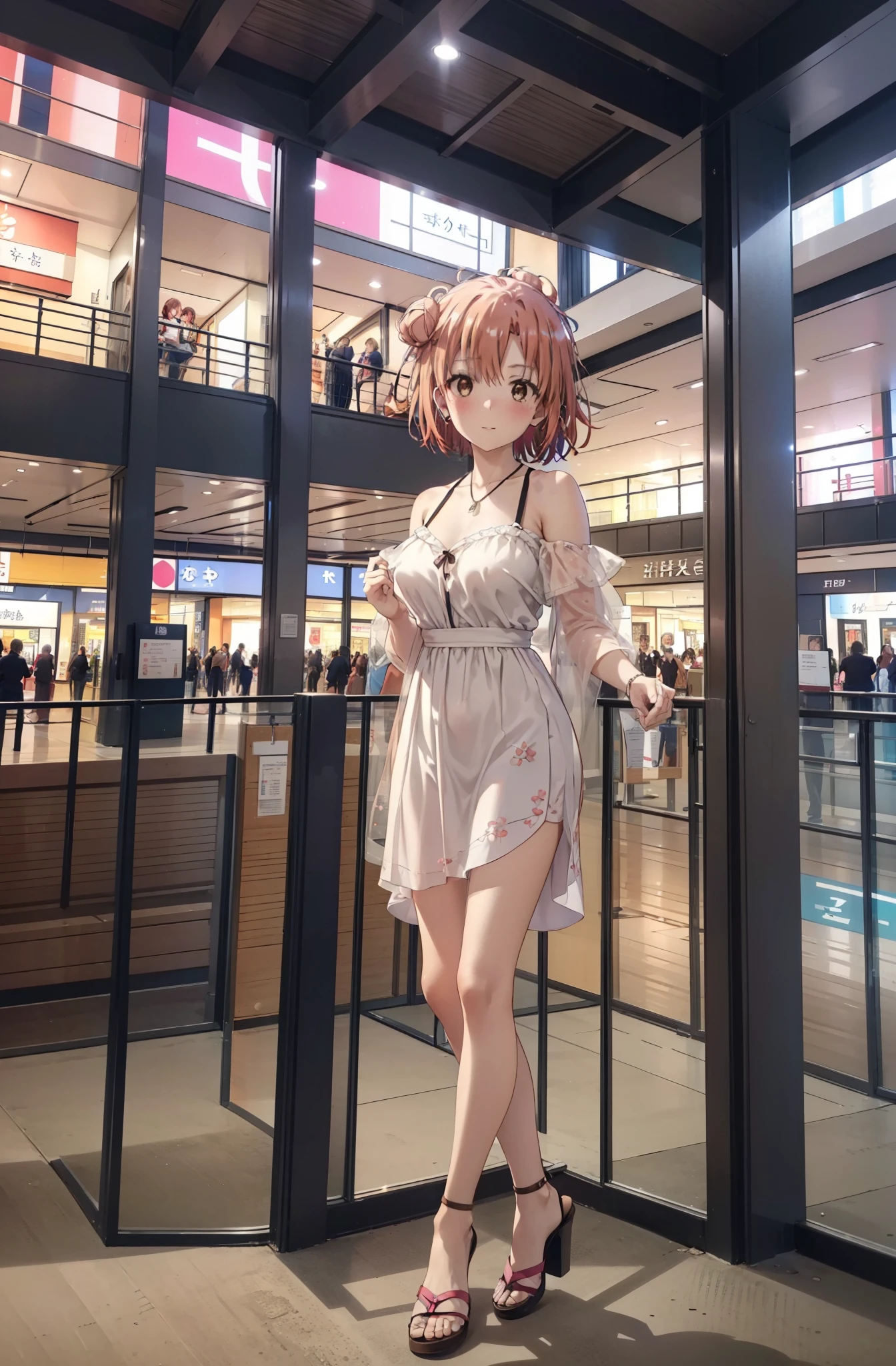 yuiyuigahama, yui yuigahama, short hair, (Brown eyes:1.5), (Pink Hair:1.2), Hair Bun, single Hair Bun,Big Breasts,smile,blush,Open your mouth,Off-the-shoulder dress,Exposing shoulders,bare clavicle,Bare neck,Rocket Pendant,mini skirt,Cute heeled sandals,Walking,whole bodyがイラストに入るように,
break indoors,Shopping mall,
break looking at viewer, whole body,
break (masterpiece:1.2), Highest quality, High resolution, unity 8k wallpaper, (shape:0.8), (Beautiful attention to detail:1.6), Highly detailed face, Perfect lighting, Extremely detailed CG, (Perfect hands, Perfect Anatomy),