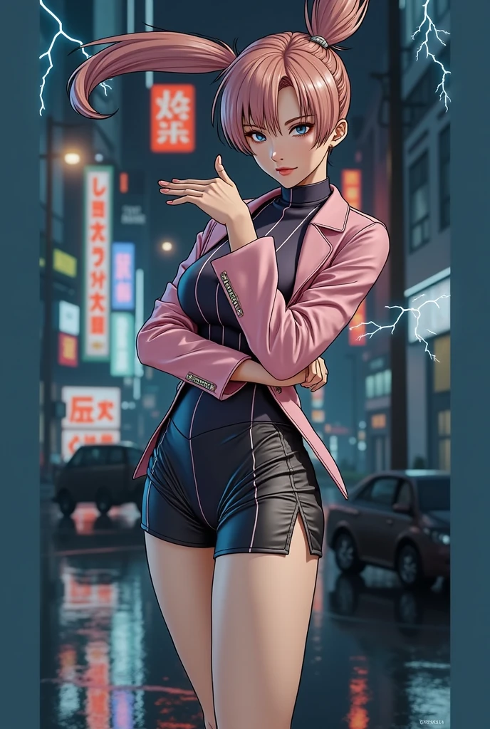 (at night), alone, in a video game scene a background of a beautiful city during the day raining, Standing at attention, purple hair, Lightning behind her, A lightning bolt coming out of his hand ((purple hair)), 1 girl, alone, 20 years, young woman, perfect hands, beautiful and perfect fingers, long beautiful legs, perfect legs, beautiful body, beautiful nose, beautiful character design, perfect face, He looks at the spectator with a serious expression and in a standing position he attacks. (focusing on his face), Closed mouth, light_smile, official art, Extremely detailed CG unity 8k wallpaper, perfect lighting, iluminación frontal brillante y Colorida, shiny skin (masterpiece: 1.0), (better_quality: 1.0), ultra high resolution, 4k, ultra detailed photography, 8k, HdR, High resolution, Disparates: 1.2, Kodak photo 400, film grain, blurred background, bokeh: 1.2, Lens flare, (Vibrant_Color:1.2), Professional photography, (beautiful_face : 1.5), (narrow waist),