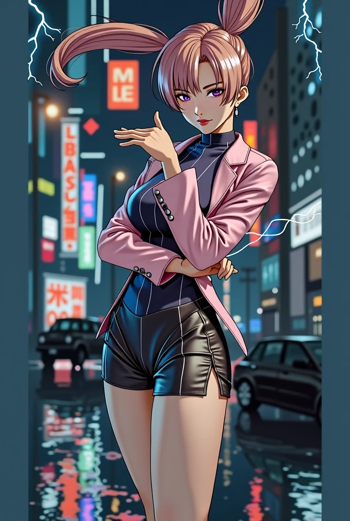 (at night), alone, in a video game scene a background of a beautiful city during the day raining, Standing at attention, purple hair, Lightning behind her, A lightning bolt coming out of his hand ((purple hair)), 1 girl, alone, 20 years, young woman, perfect hands, beautiful and perfect fingers, long beautiful legs, perfect legs, beautiful body, beautiful nose, beautiful character design, perfect face, He looks at the spectator with a serious expression and in a standing position he attacks. (focusing on his face), Closed mouth, light_smile, official art, Extremely detailed CG unity 8k wallpaper, perfect lighting, iluminación frontal brillante y Colorida, shiny skin (masterpiece: 1.0), (better_quality: 1.0), ultra high resolution, 4k, ultra detailed photography, 8k, HdR, High resolution, Disparates: 1.2, Kodak photo 400, film grain, blurred background, bokeh: 1.2, Lens flare, (Vibrant_Color:1.2), Professional photography, (beautiful_face : 1.5), (narrow waist),