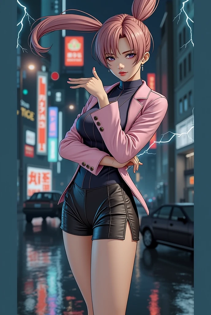 (at night), alone, in a video game scene a background of a beautiful city during the day raining, Standing at attention, purple hair, Lightning behind her, A lightning bolt coming out of his hand ((purple hair)), 1 girl, alone, 20 years, young woman, perfect hands, beautiful and perfect fingers, long beautiful legs, perfect legs, beautiful body, beautiful nose, beautiful character design, perfect face, He looks at the spectator with a serious expression and in a standing position he attacks. (focusing on his face), Closed mouth, light_smile, official art, Extremely detailed CG unity 8k wallpaper, perfect lighting, iluminación frontal brillante y Colorida, shiny skin (masterpiece: 1.0), (better_quality: 1.0), ultra high resolution, 4k, ultra detailed photography, 8k, HdR, High resolution, Disparates: 1.2, Kodak photo 400, film grain, blurred background, bokeh: 1.2, Lens flare, (Vibrant_Color:1.2), Professional photography, (beautiful_face : 1.5), (narrow waist),