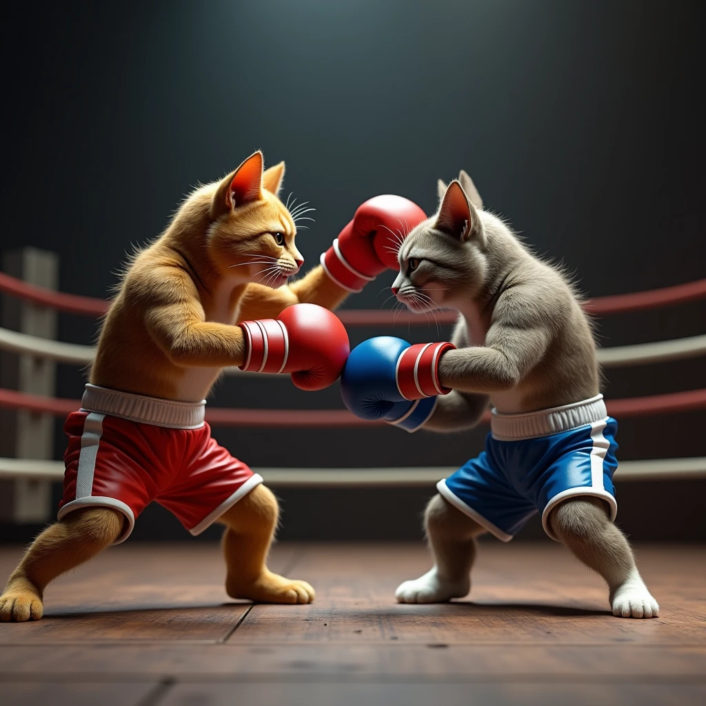 Wearing boxer shorts with the ring in the background、Realistic image of two 3D cats fighting in a boxing match