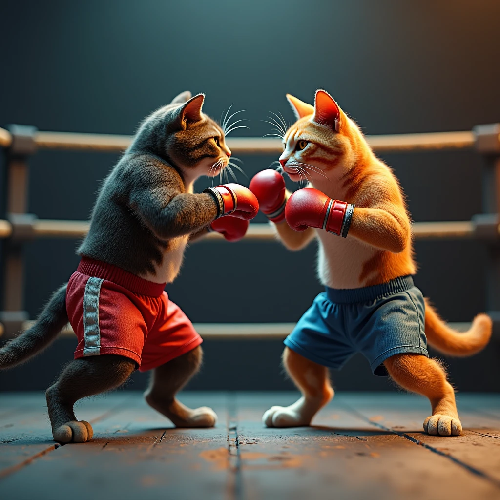 Wearing boxer shorts with the ring in the background、Realistic image of two 3D cats fighting in a boxing match