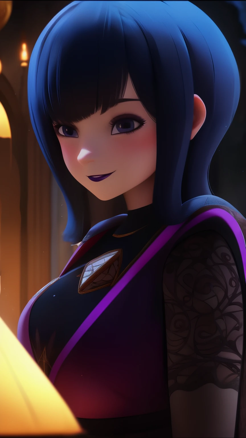 mevis, 1girl, short hair, black hair, solo focus, black eyes, makeup, lipstick, black lips , smile (dark magic), (grim), purple magic on background, ,(intricate details), (hyperdetailed), 8k hdr, high detailed, lot of details, high quality, soft cinematic light, dramatic atmosphere, atmospheric perspective, red lingerie, full body, big , looking at a mirror, mirror reflecting mevis same pose