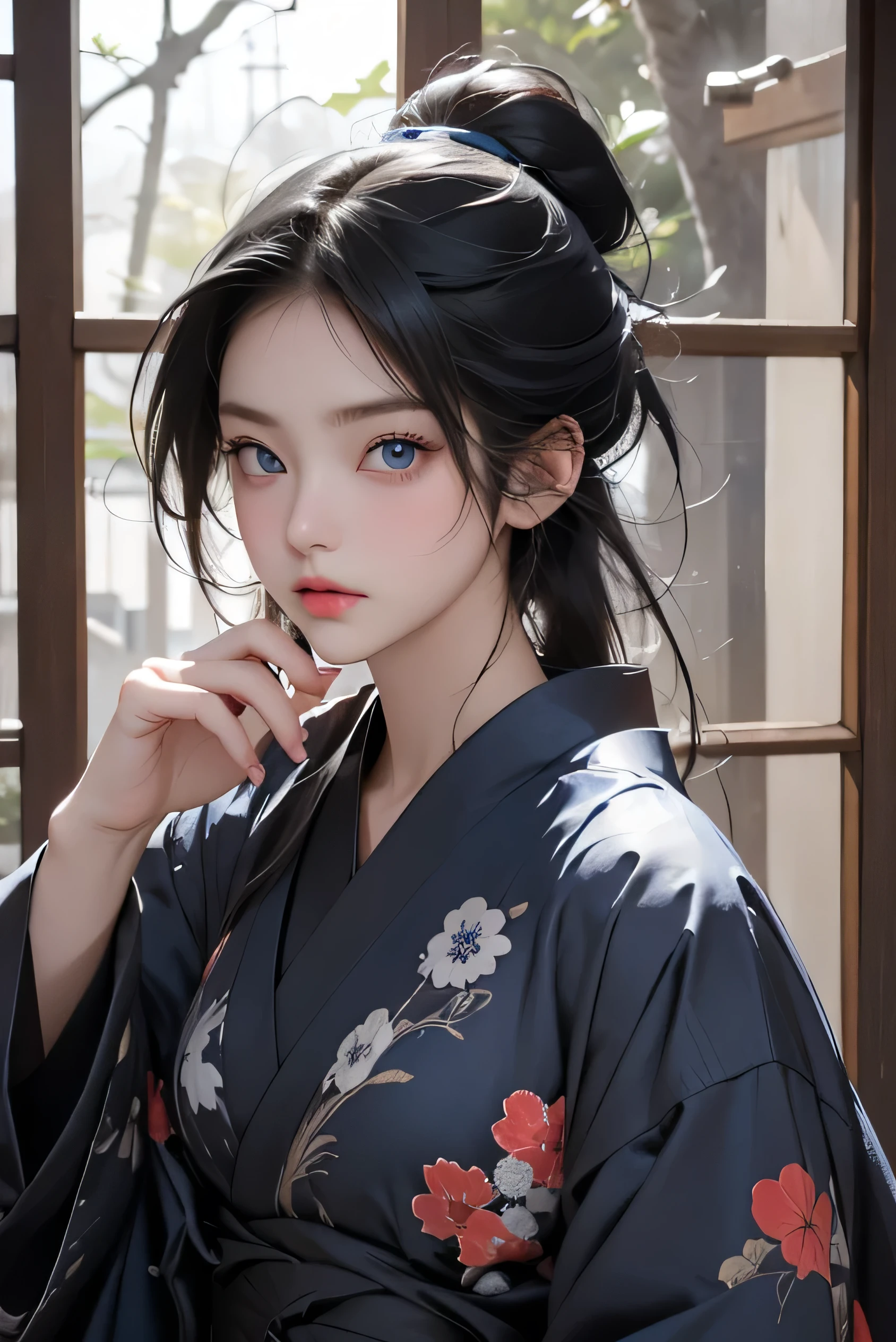 score_9、score_8_up、score_7_up、score_6_up、Easy Negative、masterpiece、Highest、Perfect Eyes、Dark blue eyes、Japanのプリンセスアップ、、kimono、Black Hair、、jewelry、Japan、